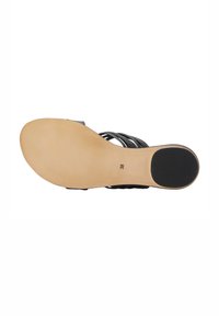 Zwarte geweven sandalen met banden op een beige rubberen basis, voorzien van een textuurpatroon en maatmarkering 38. Glad afgewerkt.