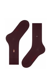Calze di cotone bordeaux con punta e tallone rinforzati, bordo a coste, caratterizzate da un motivo decorativo di un soldatino di legno e un logo sottile in rosso.