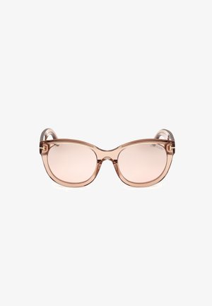 Occhiali da sole color rosa con una montatura chiara e angolare. Presentano dettagli hardware integrati sulle tempie. Finitura liscia e lucida.