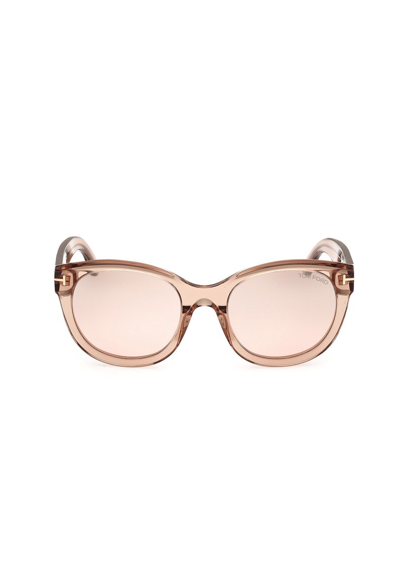 Vaaleanpunaiset aurinkolasit, joissa on kirkas, kulmikas runko. Ominaisuudet, joissa on upotettuja metalliosia templeissa. Sileä, kiiltävä pinta.