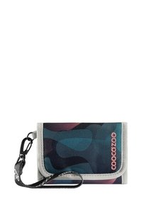 Kompakte Geldbörse mit einem mehrfarbigen abstrakten Muster in Schwarz-, Teal- und Burgunder-Tönen. Mit grauem Rand und einem schwarzen Handgelenkband.