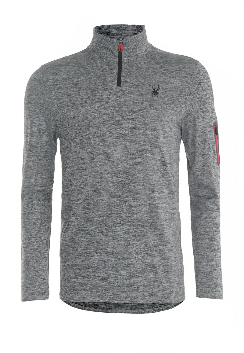 Harmaa pitkähihainen pusero, jossa korkea kaulus, etuvetoketju, sivutasku punaisella korostuksella ja musta logo rinnassa.