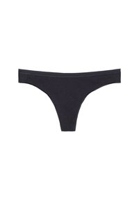 Schwarzer Baumwollstring mit glatter Textur, minimalistischem Design und niedrigem Bund. Verfügt über nahtlose Kanten und hat eine dreieckige Form.