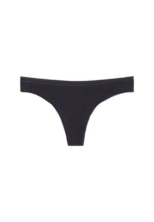 Schwarzer Baumwollstring mit glatter Textur, minimalistischem Design und niedrigem Bund. Verfügt über nahtlose Kanten und hat eine dreieckige Form.
