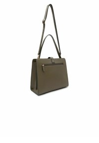 Olivgrüne Lederhandtasche mit strukturierter Form, einem oberen Griff und verstellbarem Schultergurt. Verfügt über ein vorderes Reißverschlussfach.