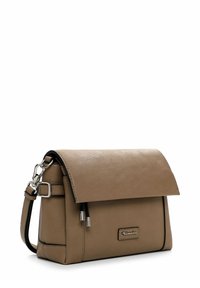 Brown leather crossbody bag with a flap closure, silver hardware accents, and a textured finish. Features an adjustable strap.