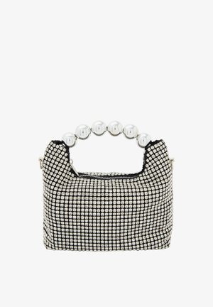 Glittering handbag with a grid of silver embellishments on a black fabric base and a round silver bead handle. Zipper closure on top.