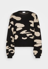 Schwarzer Strickpullover mit beigem abstraktem Muster, runder Ausschnitt, langen Ärmeln und verkürztem Saum. Weicher Stoff und lässige Passform.