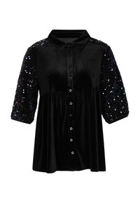 Black velvet shirt dress with sequin-embellished puffy sleeves, collared neckline, and button-down front; fitted waist and flared skirt.
