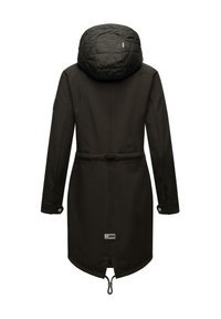 Parka longue noire avec capuche matelassée, taille et ourlet ajustables, poignets à boutons, et petit écusson logo dans le bas du dos.