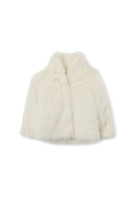 Weißer Kunstpelz-Bolero-Jacke mit Kragen, ausgestattet mit einer fluffigen Textur und offenem Design. Keine sichtbaren Verschlüsse oder Muster.