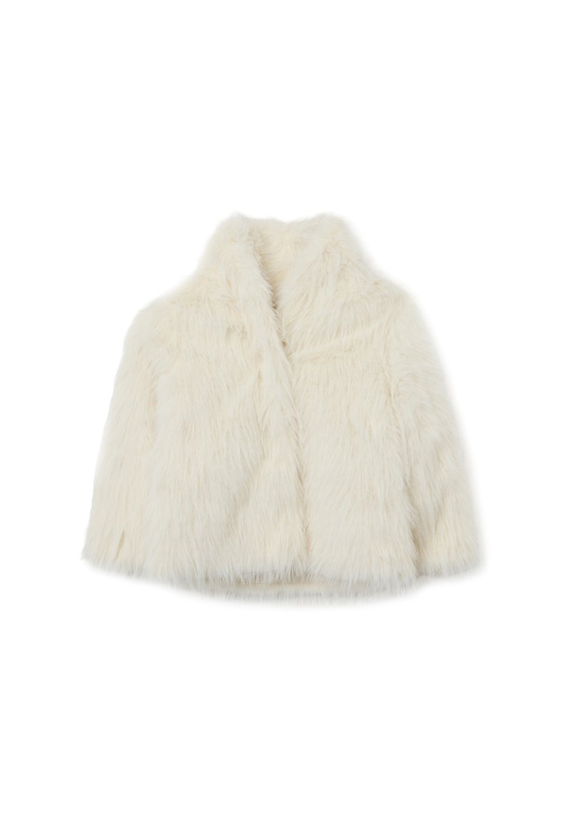 Weißer Kunstpelz-Bolero-Jacke mit Kragen, ausgestattet mit einer fluffigen Textur und offenem Design. Keine sichtbaren Verschlüsse oder Muster.