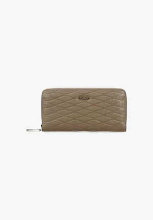 Long rectangular wallet in textured taupe leather, featuring a quilted diamond pattern and a silver-tone zipper pull. Logo embossed on the front.