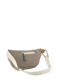 Borsa in vita di tessuto marrone chiaro con una tasca frontale con zip e una cintura regolabile bianca sporca con una fibbia in metallo.