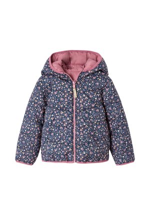 Child’s padded hooded jacket with navy background and small pink and white floral print, pink zipper and lining, long sleeves.