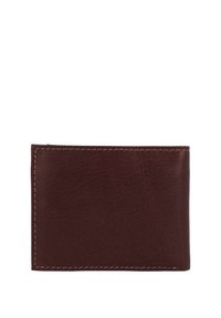 Brown leather wallet with a textured surface, folded design, and contrasting stitching along the edges. No visible hardware or patterns.