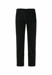 Pantaloni jogger neri con vita elastica, cordoncino regolabile, tasche laterali e taglio rilassato. Tessuto in misto cotone, texture liscia.