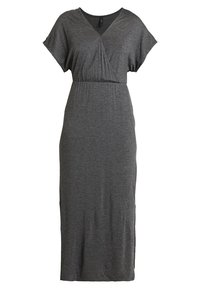 Graues, kurzärmeliges, knielanges Kleid aus weichem, dehnbarem Stoff mit einem Wickeldesign und gerafftem Bund für eine entspannte Passform.