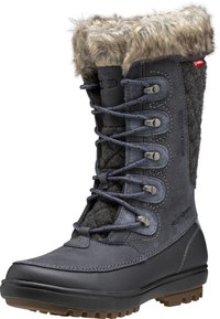 Grijze winterlaars met een nep bontkraag, waterdichte leren bovenkant, vilten accenten en vetersluiting. Rubberen zool met profiel voor grip.