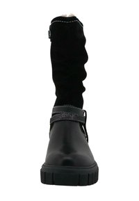 Schwarze Knöchelstiefel mit einer glatten Lederzehe, einem strukturierten schwarzen Stoffobermaterial und einem glitzernden Riemen. Verfügt über eine strukturiere Gummisohle und Nähdetails.