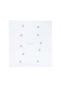 Coperta bianca con orsetti beige ricamati e la scritta "nanón" al centro. Texture liscia, forma quadrata e design semplice.