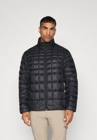 Chaqueta de plumas negra con un diseño acolchado, cuello alto y cremallera frontal. Presenta una tela suave, un brillo sutil y puños elásticos.