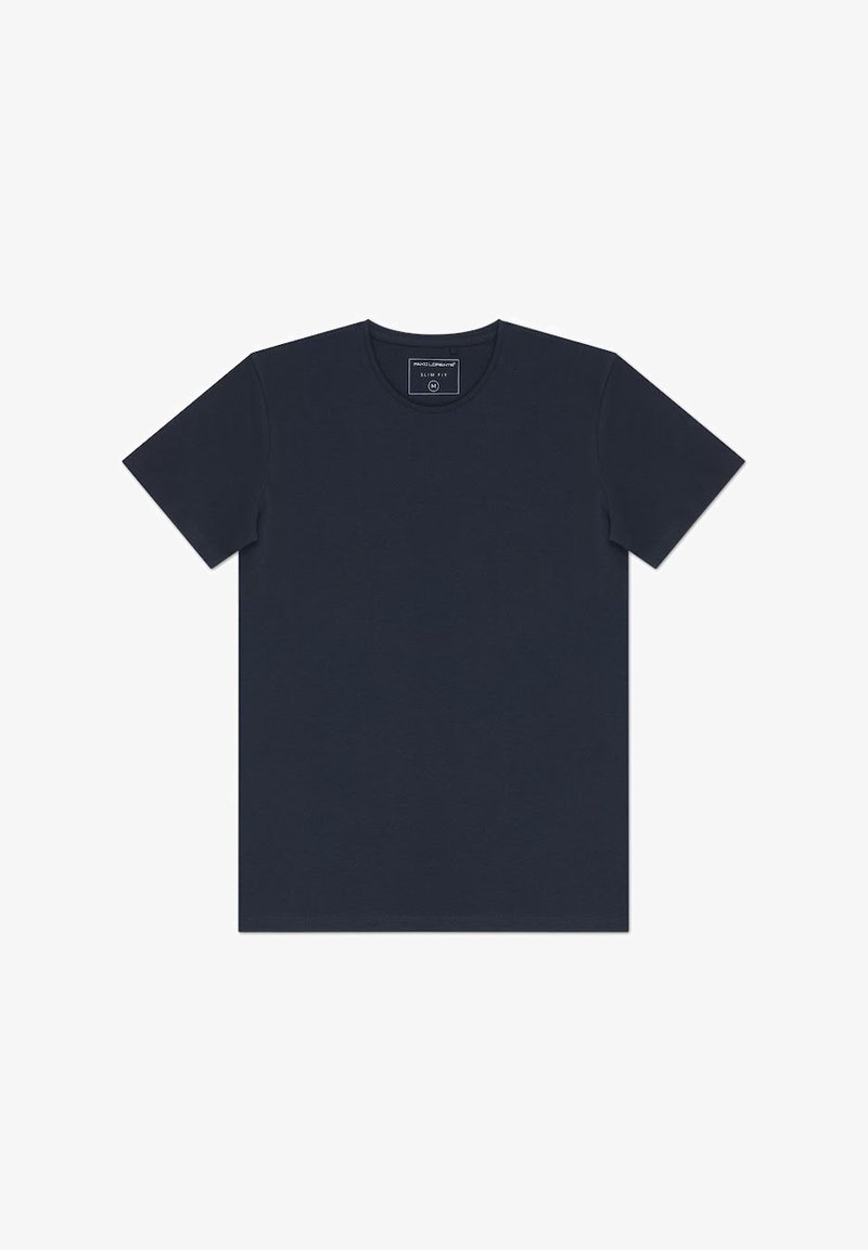 Granatowa dopasowana koszulka wykonana z bawełny, z krótkim rękawem i okrągłym dekoltem. Prosty design bez widocznych wzorów czy zdobień.