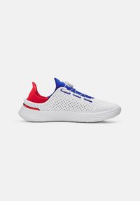 White athletic shoes featuring a perforated upper, blue accents, and a red heel. Includes a circular fastener and textured sole.