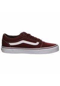 Maroon canvas low-top sneakers with white accents, six eyelets, and a rubber sole. Features classic side stripe design and white stitching.