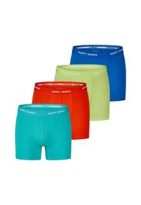 Boxershorts-Set in Blau, Grün, Rot und Türkis, mit einem weichen elastischen Bund, der den Text "HAPPY SHORTS" trägt. Glatte Stoffoberfläche.