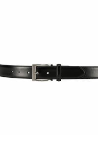 Schwarzer Leder-Gürtel mit einer silbernen Metallschnalle, mehreren Einstelllöchern und einer Halteschlaufe. Glatte Textur mit polierter Oberfläche.