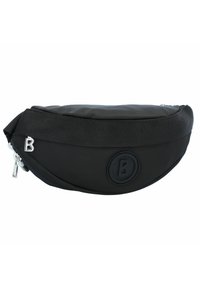 Marsupio nero realizzato in nylon liscio, con forma arrotondata, tracolla regolabile, logo in gomma sul davanti e dettagli in metallo argentato.