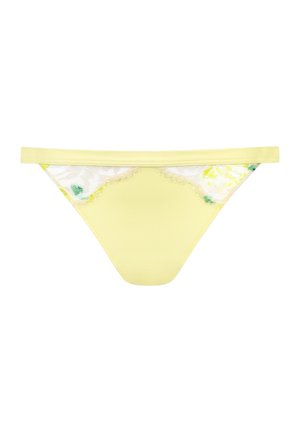 Gele slip in bikini-stijl met bloemrijke kantaccenten aan de zijkanten, voorzien van een glad voorpaneel en elastische tailleband.