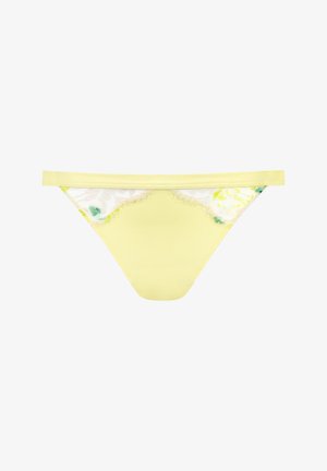 Gele slip in bikini-stijl met bloemrijke kantaccenten aan de zijkanten, voorzien van een glad voorpaneel en elastische tailleband.