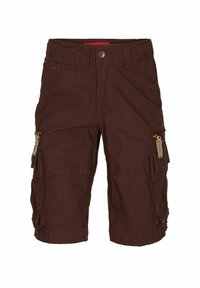 Hnedé cargo šortky vyrobené z bavlny, s bočnými vreckami na zips, prešívanými detailmi a zapínaním na gombík v oblasti pása.