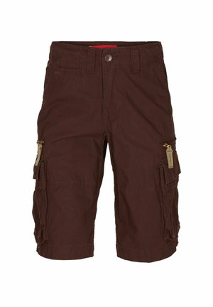 Brown cargo shorts made from cotton, featuring side pockets with zippers, stitched details, and a button closure at the waist.