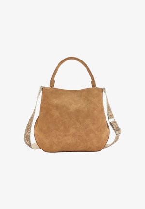 Tasche aus Kunstleder in Tan mit runder Form, kurzen Griffen und einem gemusterten Schultergurt, der geometrische Designs in gedämpften Farben aufweist.