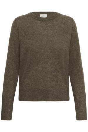 Brown knit sweater with a round neckline, long sleeves, and a slightly textured finish, displayed against a neutral background.