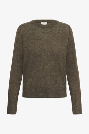 Brown knit sweater with a round neckline, long sleeves, and a slightly textured finish, displayed against a neutral background.
