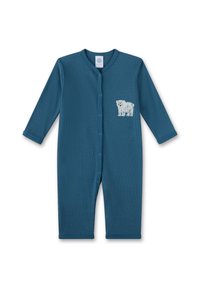 Blauer, langärmliger Baumwoll-Body mit strukturiertem Rippdesign und Druckknöpfen an der Vorderseite, verziert mit einem weißen Schaf-Grafik.