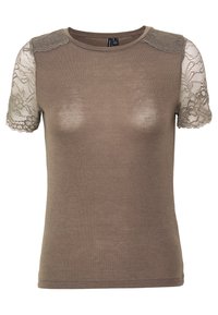 T-shirt marrone a maniche corte realizzato in tessuto morbido, con dettagli in pizzo sulle spalle e trama sulle maniche. Collo rotondo.