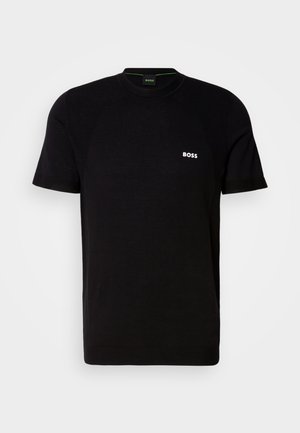 Black short-sleeve t-shirt made of smooth fabric, featuring a round neckline and a small white "BOSS" logo on the left chest.