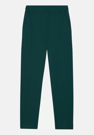 Dark green trousers made of soft material, featuring two side pockets and a straight-leg design. Minimalist style with no visible patterns.