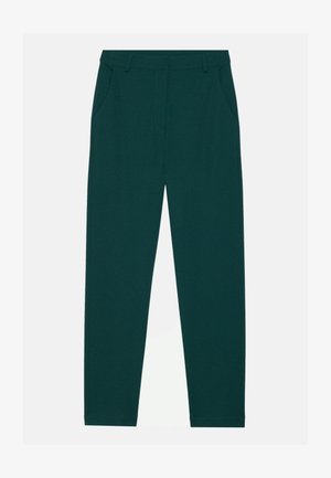 Pantaloni verdi scuri realizzati in materiale morbido, dotati di due tasche laterali e un design a gamba dritta. Stile minimalista senza motivi visibili.