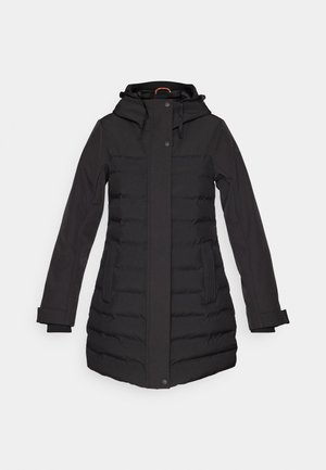 Schwarze Daunenjacke mit Kapuze, Reißverschluss- und Knopfverschluss, Seitentaschen, gerippten Akzenten und langen Ärmeln, entworfen für Wärme.