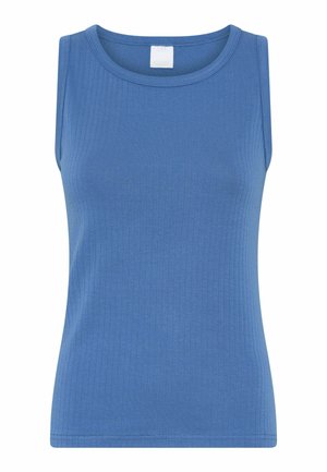 Haut sans manches bleu côtelé avec un col rond, fabriqué en tissu extensible, présentant une silhouette ajustée et une texture lisse.