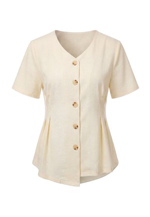 Short-sleeve beige blouse with V-neck and five wooden buttons down the front, featuring a slightly flared waist and a smooth texture.