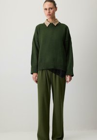 Pulover verde tricotat cu o cămașă bej cu guler dedesubt, asortat cu pantaloni largi verzi. Tricotaj texturat și mâneci cu manșete.