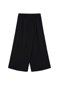 Culotte neri a gamba larga realizzati in tessuto morbido. Presentano una vita elasticizzata e una texture liscia. Design semplice senza dettagli visibili.