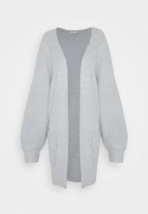 Light grey open-front knitted cardigan with long balloon sleeves and two front pockets, displayed on a plain background.